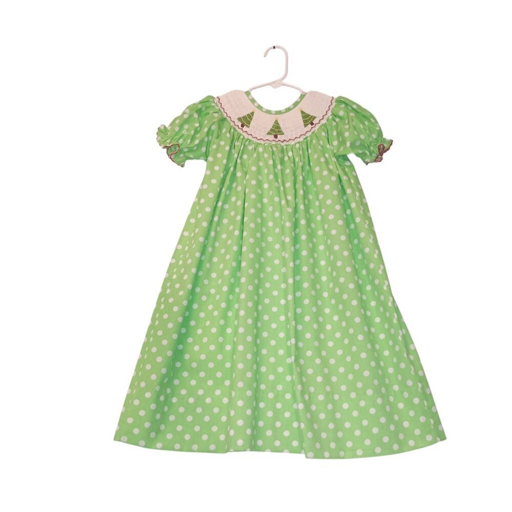 Lollypop Kids Christmas Smocked Little Girl's Dress Green & White Polka Dots 3T